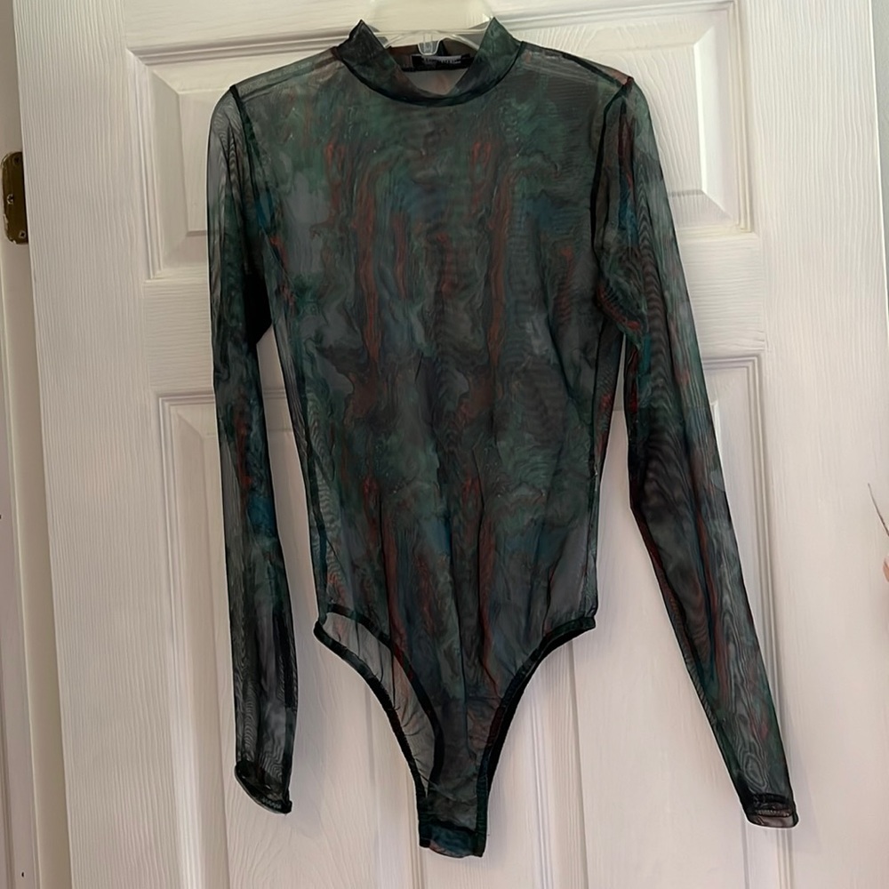 Mesh Mock Neck Long Sleeved Tie-Dye Green Bodysuit
